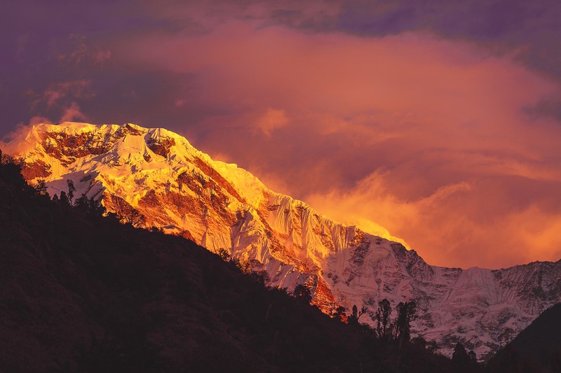 mountains, Nepal, sunset, landscape, orange