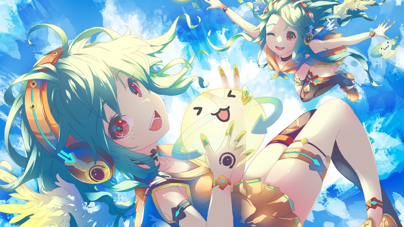 anime, anime girls, red eyes, blue hair, headphones
