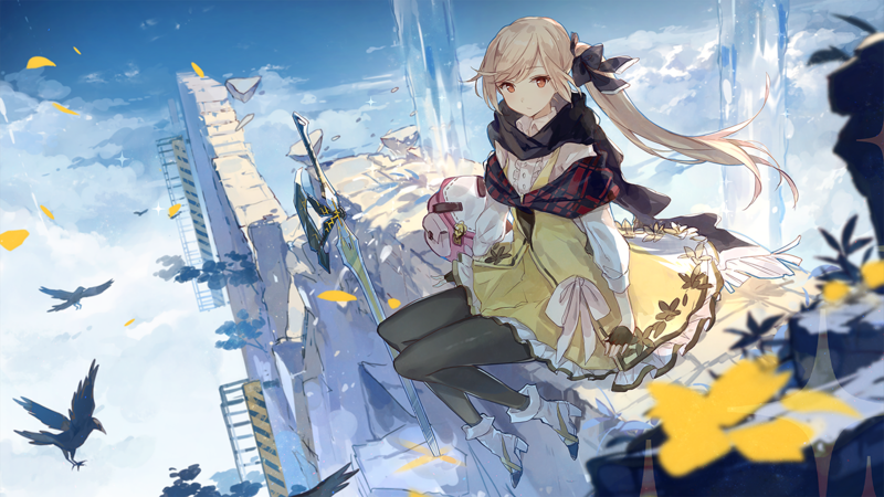 long hair, blonde, sword, ruins, birds, anime girls