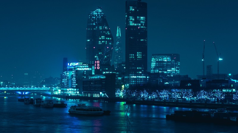 city, building, lights, night, cyan, river, city lights, skyscraper