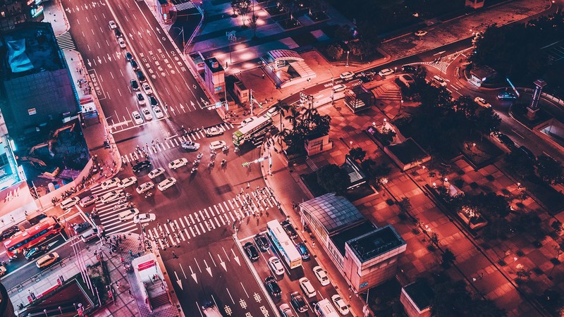 night, people, building, city