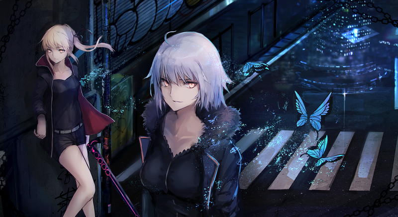 Fate Series, Fate/Grand Order, Jeanne (Alter) (Fate/Grand Order), Saber Alter, sword, Avenger (Fate/Grand Order), Artoria Pendragon, butterfly, short hair, yellow eyes, anime girls, ponytail