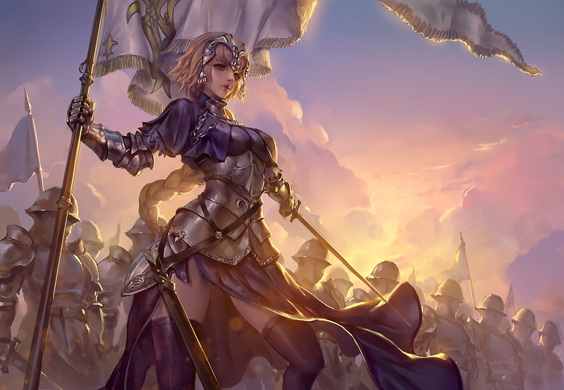 Fate Series, anime girls, Fate/Apocrypha, Ruler (Fate/Apocrypha), FGO, Jeanne dArc (Fate), Knights, armor, women with swords, blond hair, thighs, black stockings, 2D, long hair, big boobs, braided hair, fan art