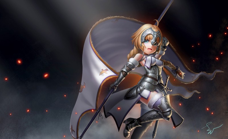 Jeanne dArc, Fate Series, Fate/Grand Order, Fate/Apocrypha, blond hair, long hair, armor, sword, lance, blue eyes, anime girls, Ruler (Fate/Apocrypha), flag