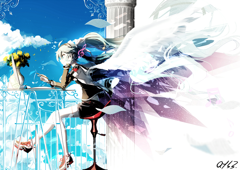 anime, anime girls, Hatsune Miku, Vocaloid, flowers, vase, sitting, chair, legs