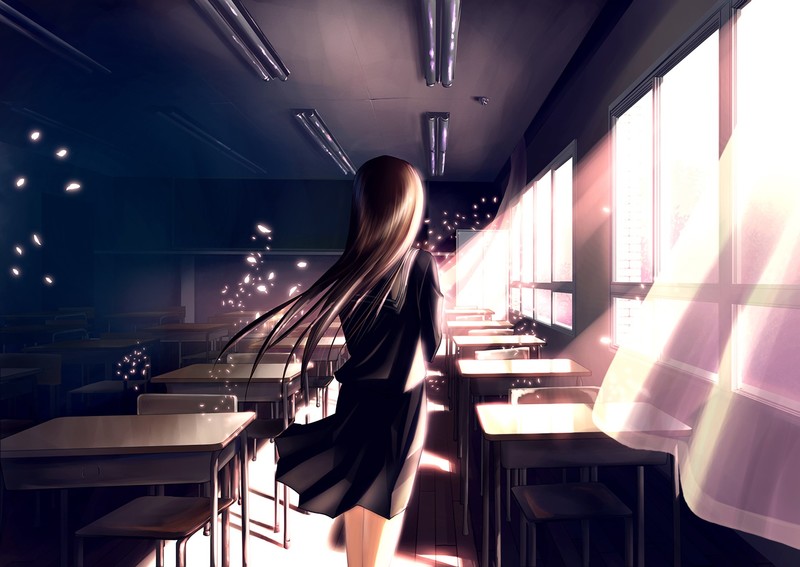 anime, anime girls, dark, school, long hair