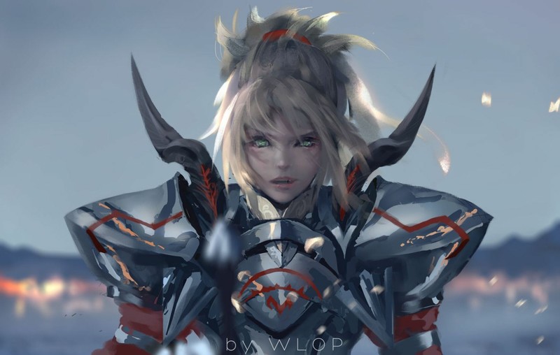 digital art, artwork, WLOP, armor, looking at viewer, green eyes, Fate Series, Fate/Apocrypha, FGO, Mordred (Fate/Apocrypha), Saber of Red, blond hair, long hair, ponytail, female warrior, 2D, fan art