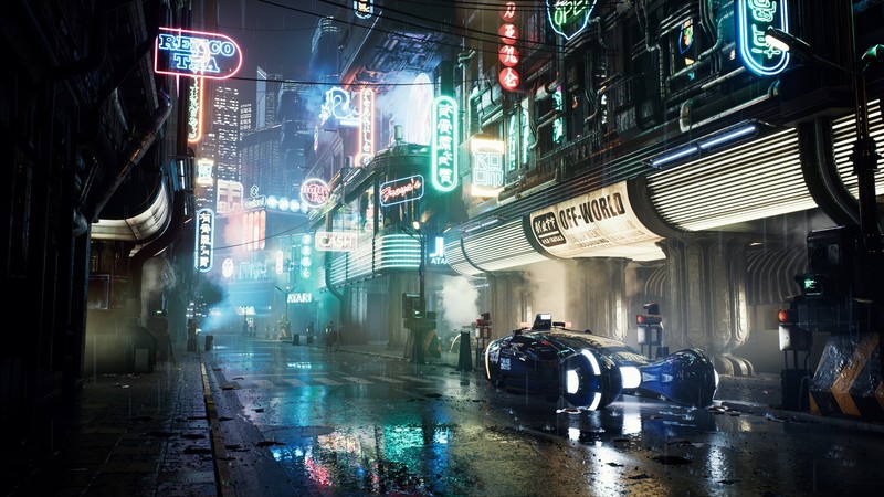 cyberpunk, Bladerunner, rain, neon lights, futuristic city, wet street, neon, cyan