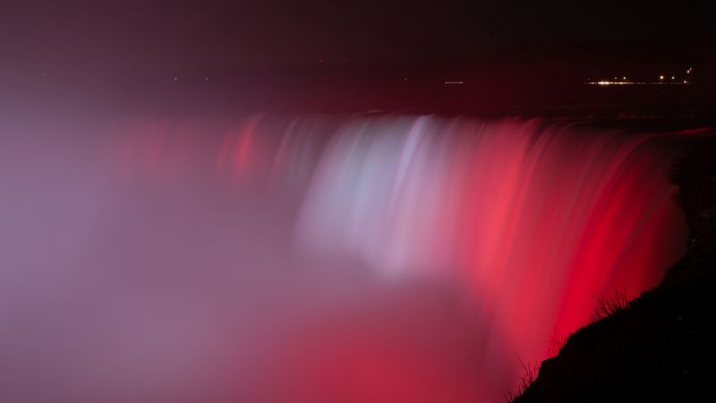 waterfall, fog, backlight, red, dark, 4k
