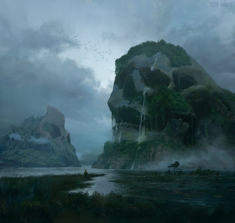 artwork, fantasy art, skull, nature