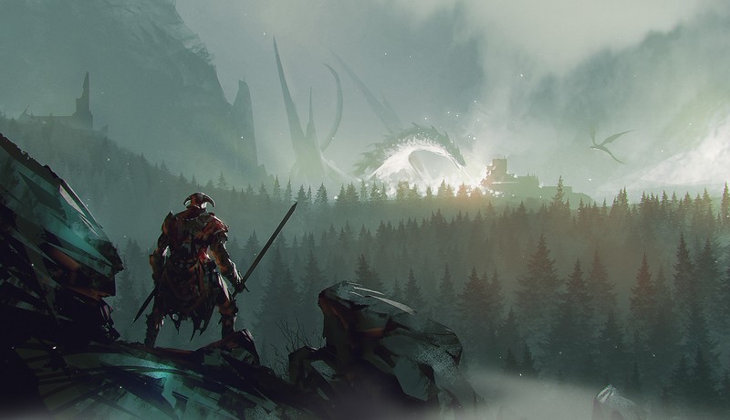 digital art, artwork, dragon, video games, The Elder Scrolls V: Skyrim, The Elder Scrolls, dovahkiin, landscape, trees, sword