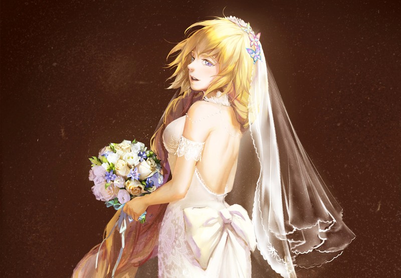 Fate/Grand Order, Fate Series, Fate/Apocrypha, Jeanne dArc, Ruler (Fate/Apocrypha), long hair, blond hair, purple eyes, wedding dress, anime girls, bouquet, butterfly