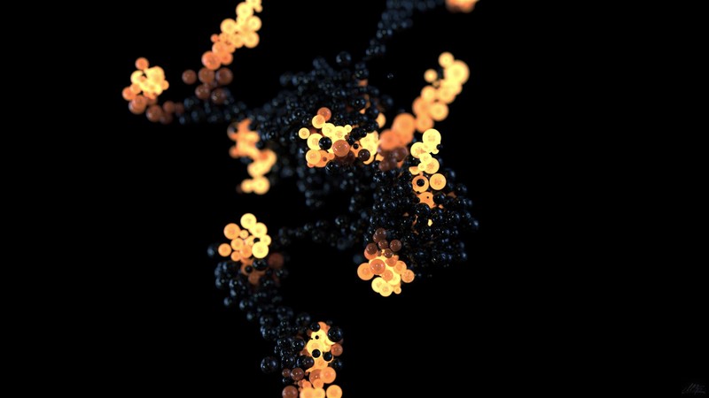 CGI, digital art, black, orange, bubbles, simple background, yellow, black background, abstract