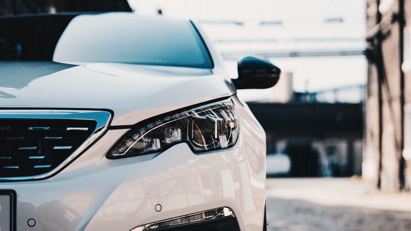 car, white, front view, headlights, optics, 4k