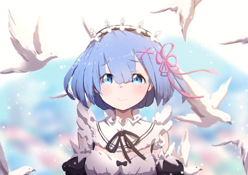 anime, anime girls, Rem (Re: Zero), Re:Zero Kara Hajimeru Isekai Seikatsu, white skin, white, blue eyes, blue hair, maid, maid outfit, birds