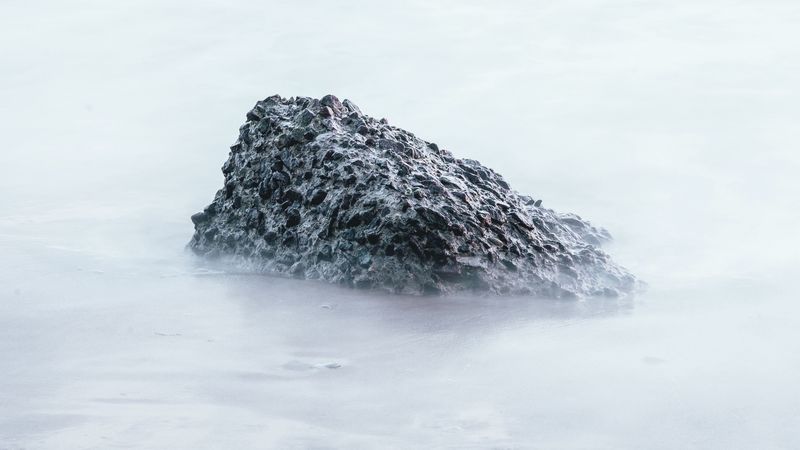 beach, stones, fog, water, shore, 4k