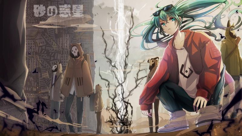 anime girls, twintails, green hair, green eyes, shades, cyan hair
