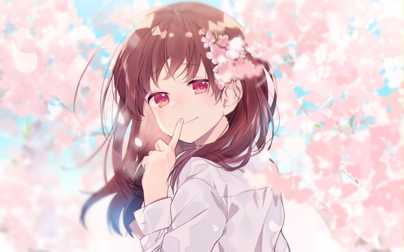 sakura (tree), flowers, anime girls, brunette, red eyes, blossom