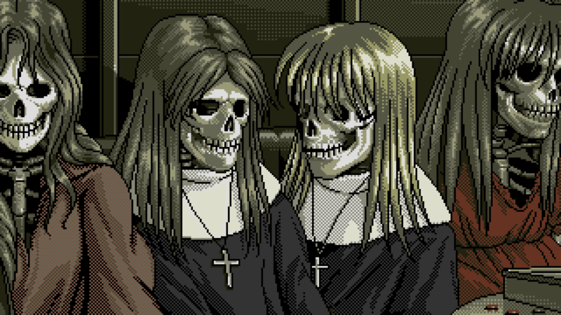 digital art, pixel art, pixelated, pixels, skeleton, skull, cross, nuns, long hair, dead