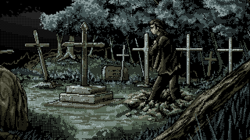 digital art, pixel art, pixelated, pixels, cross, cemetery, trees, zombies, grave, night, undead, artwork