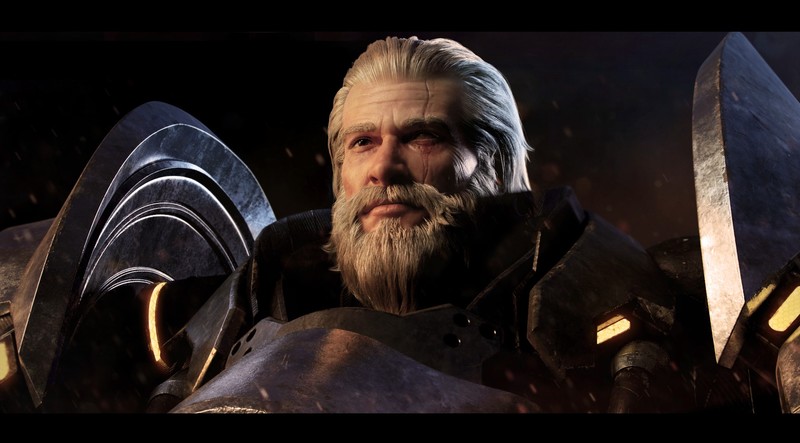 digital art, video games, Reinhardt (Overwatch), men, scars, white hair, beard, Overwatch