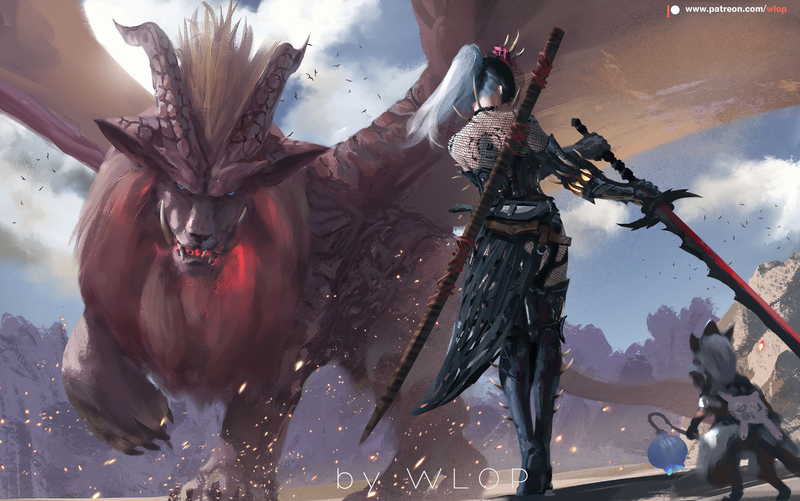 digital art, artwork, women, fantasy art, white hair, sword, creature, WLOP, fantasy girl, video games, Monster Hunter: World, fishnet, tattoo, Monster Hunter