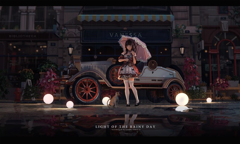 T5, anime girls, vehicle, Oldtimer, umbrella, city, dress, cats, animals, car