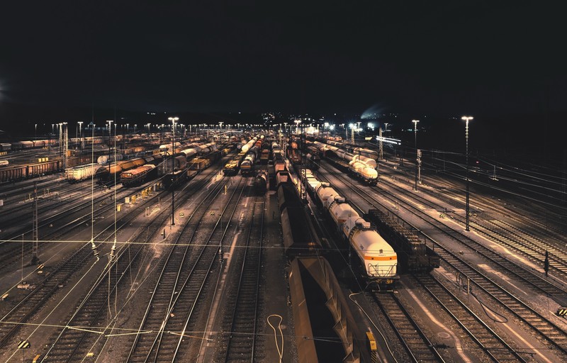 night, railway, train, vehicle, rail yard