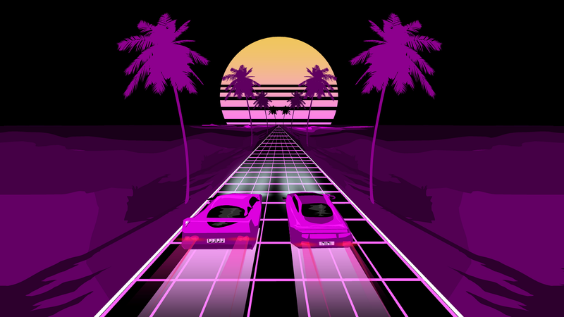 retrowave, Retrowave, car, purple, dark, abstract, vaporwave, palm trees