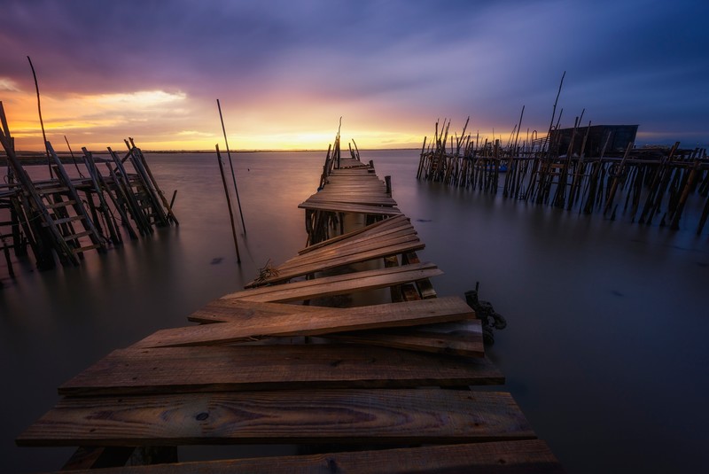 pier, sky, horizon, sunlight, sea, planks