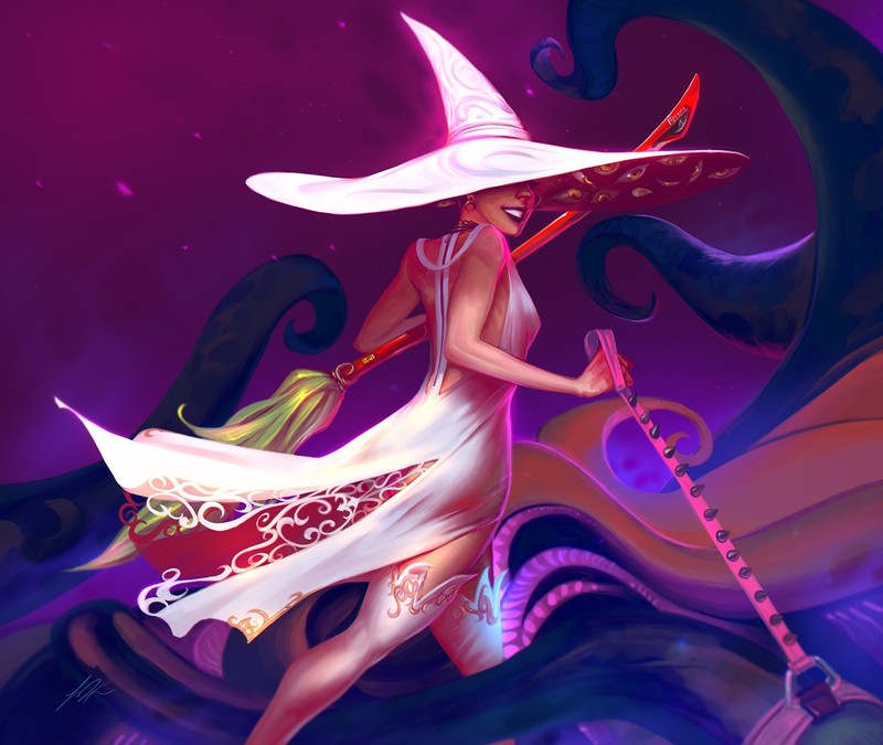 concept art, drawing, blonde, women, wizard, tentacles, white dress, J U X, witch