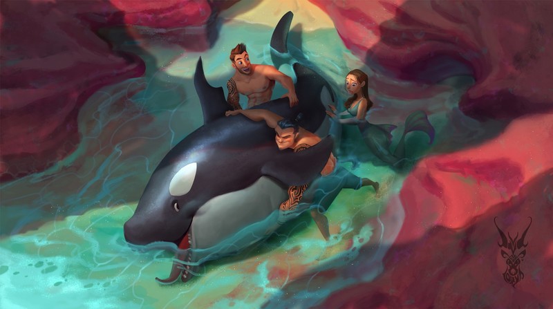 men, whale, water, women, rocks, fish
