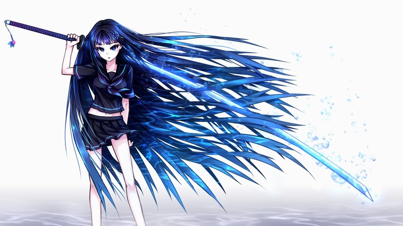 anime, anime girls, girls with swords, sword, blue eyes, short skirt, long hair, blue hair, weapon, katana