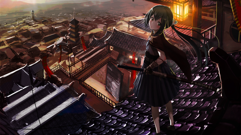 anime, anime girls, dark hair, rooftops, fantasy city