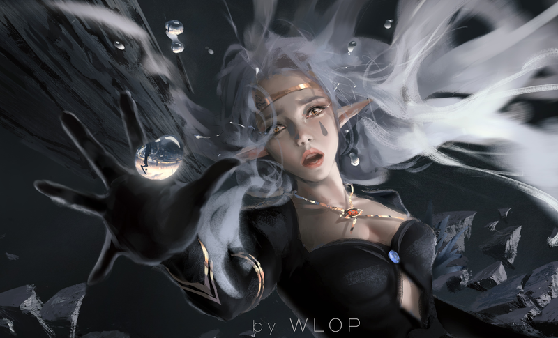 WLOP, digital art, artwork, women, white hair, elven, yellow eyes, cleavage, pointed ears, looking at viewer, falling, necklace, long hair, fantasy girl, fantasy art