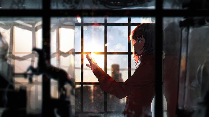 anime girls, anime, dark, window