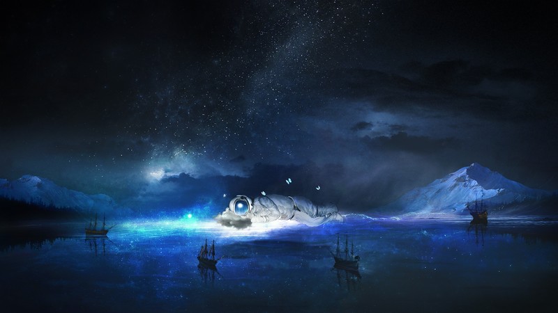dark, artwork, astronaut, fantasy art, blue