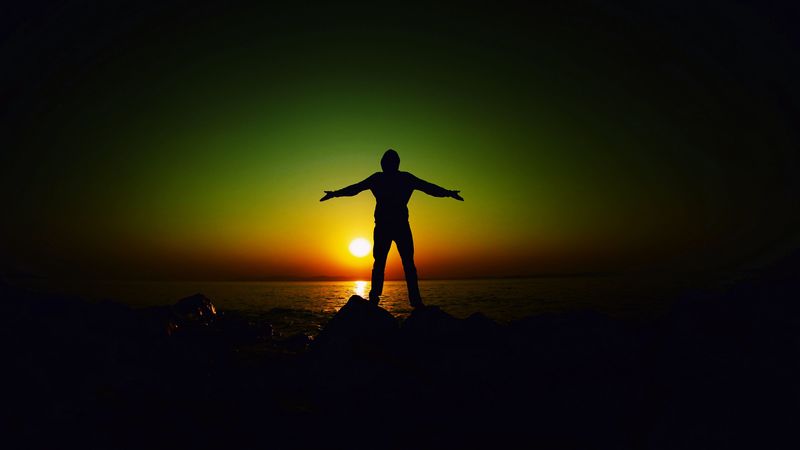 man, silhouette, freedom, sunset, 4k