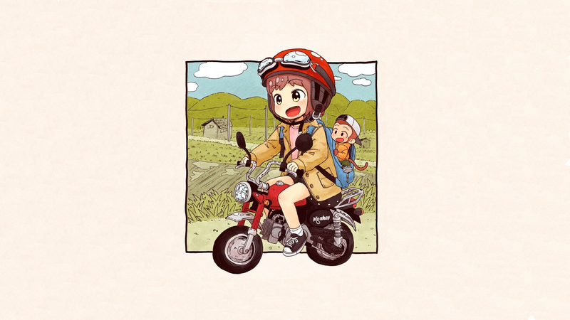 anime, manga, simple background, motorcycle, helmet, anime girls