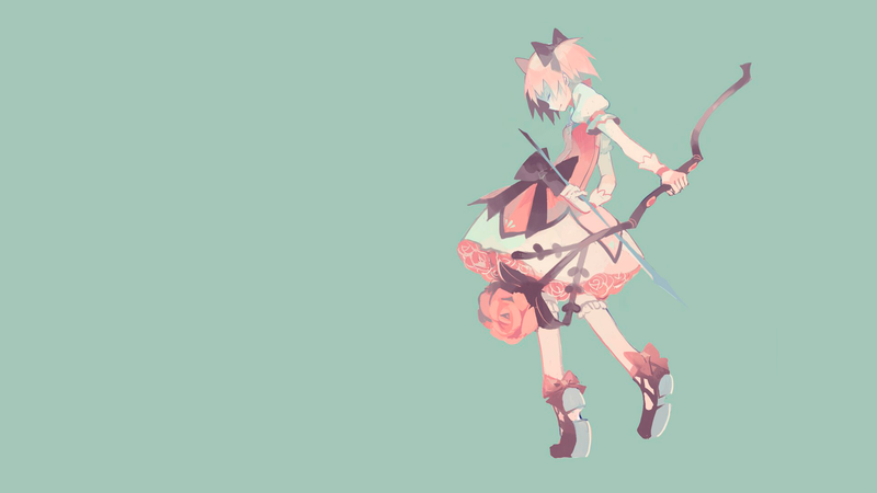 anime, manga, anime girls, bow, bow and arrow, pink hair, Mahou Shoujo Madoka Magica, Kaname Madoka, simple background, blue background