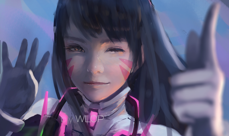 digital art, artwork, WLOP, video games, Overwatch, D.Va (Overwatch), winking, women, brunette, looking at viewer, long hair