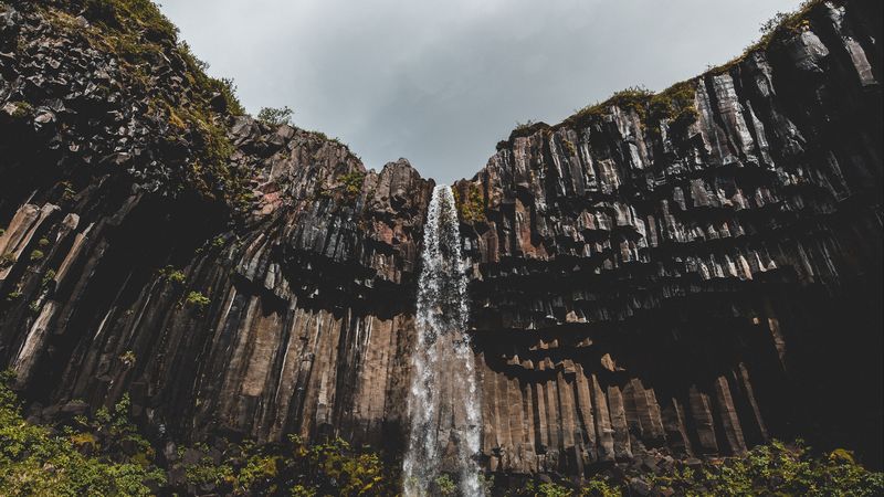 waterfall, cliff, stone, water, landscape, 4k