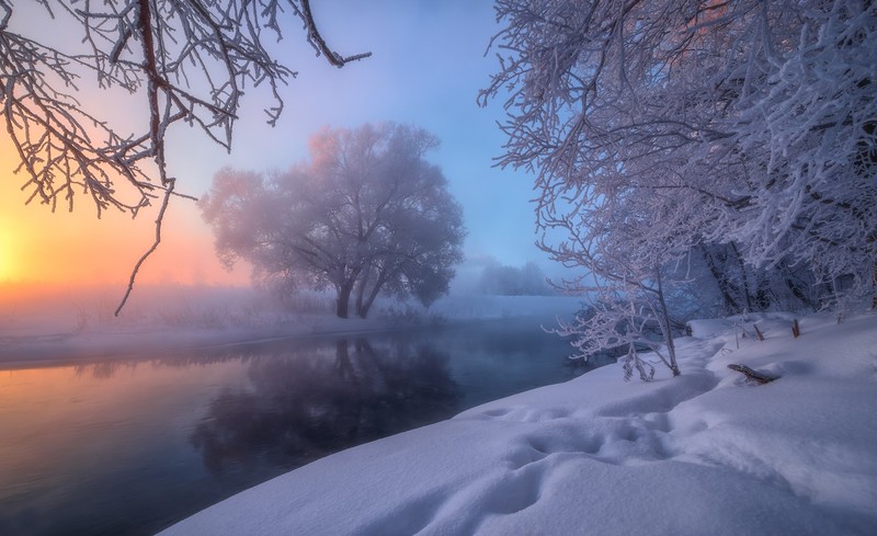 nature, winter, snow, mist, river, reflection, frost, sunrise, sunlight