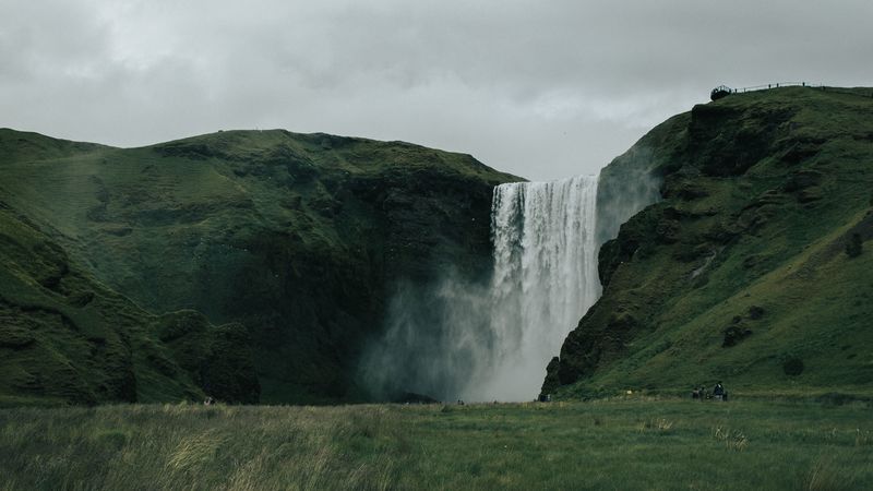 waterfall, hills, landscape, grass, greens, 4k