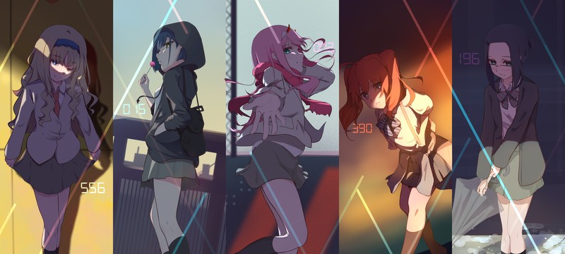 Darling in the FranXX, anime girls, Zero Two (Darling in the FranXX), Code:196 (Ikuno), Ichigo (Darling in the FranXX), Code:390 (Miku), Code:556 (Kokoro)