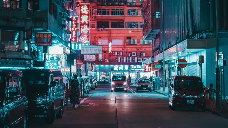 night city, street, lights, buildings, cars, people, 4k