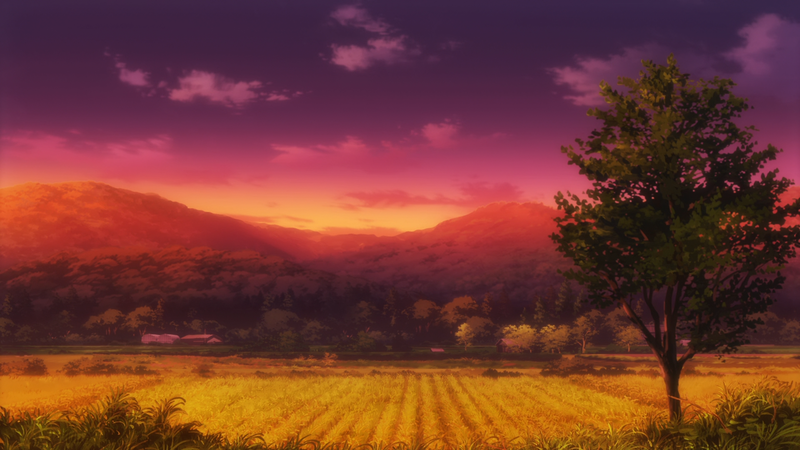 Non Non Biyori, field, sunset