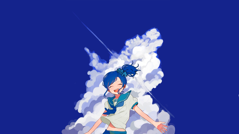 anime, manga, anime girls, simple background, blue, blue background, clouds, blue hair, sailor uniform, sky