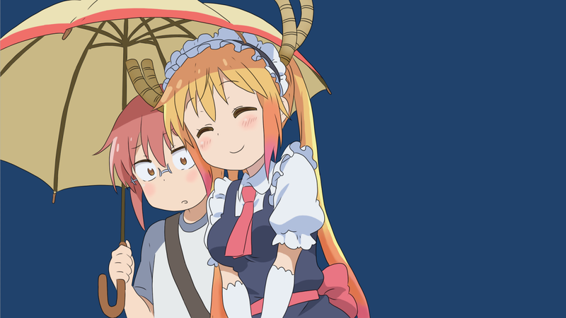Kobayashi (Kobayashi-san Chi no Maid Dragon), Kobayashi-san Chi no Maid Dragon, Tohru (Kobayashi-san Chi no Maid Dragon), anime, anime girls, simple, simple background, umbrella, white skin, maid, maid outfit