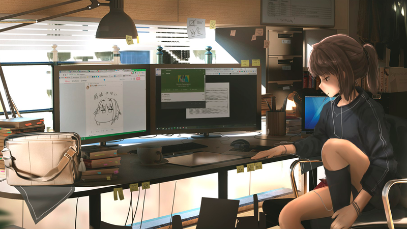 anime, anime girls, manga, computer, Photoshop, gloomy